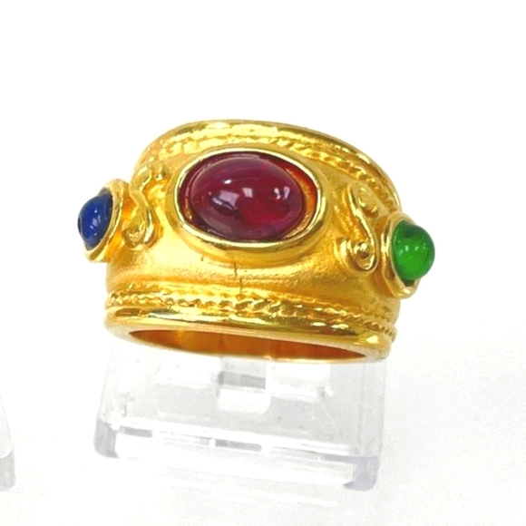 Gold plated ring  with blue red green glass stones size 6 - Picture 3 of 17